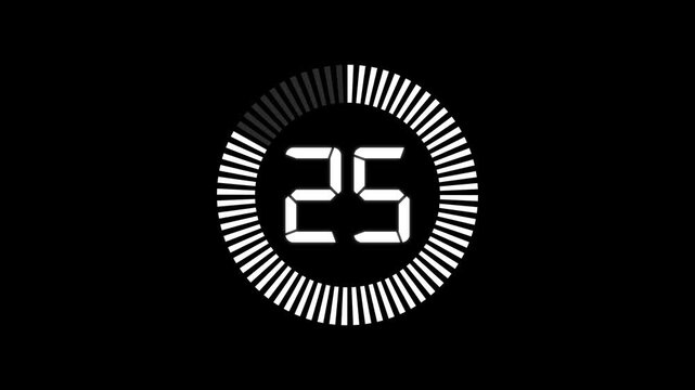 Countdown timer animation from 30 to 0 seconds with stopwatch frame. Round circle 30 seconds countdown on transparent background.