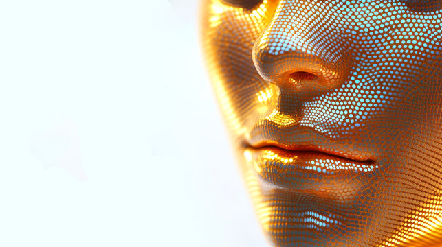 A close-up digital portrait of a human face mapped with a luminous golden and blue grid representing artificial intelligence and biometric data scanning.