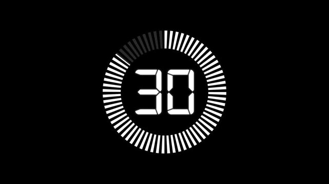 Countdown timer animation from 35 to 0 seconds with stopwatch frame. Round circle 35 seconds countdown on transparent background.