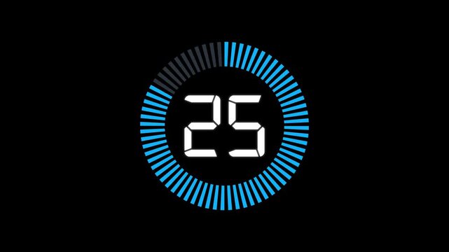 Countdown timer animation from 30 to 0 seconds with stopwatch frame. Round circle 30 seconds countdown on transparent background.