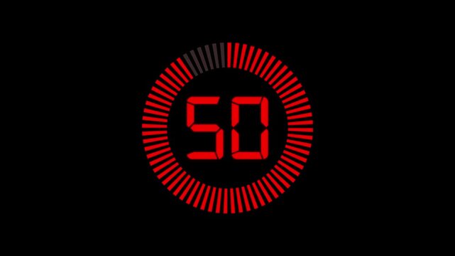 Countdown timer animation from 55 to 0 seconds with stopwatch frame. Round circle 55 seconds countdown on transparent background.