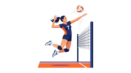 Fototapeta premium Woman player spiking volleyball over net, athletic jump, dynamic sports action, illustration