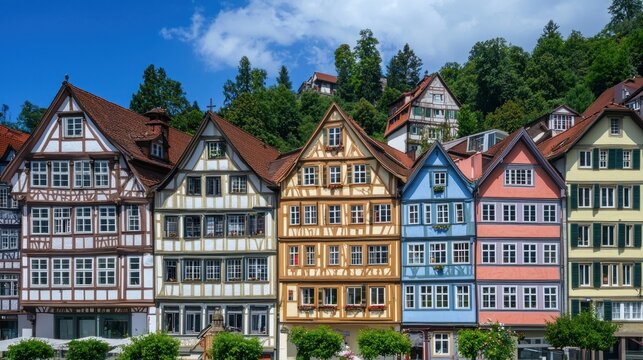 Colorful half-timbered houses line a street.