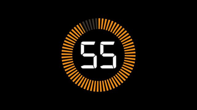 Countdown timer animation from 60 to 0 seconds with stopwatch frame. Round circle 60 seconds countdown on transparent background. 1 minute countdown timer.