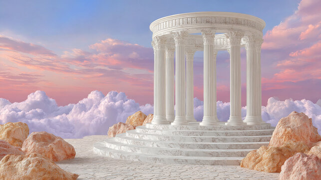 A white classical colonnaded rotunda temple stands on tiered steps, surrounded by warm-toned rocks, floating above a sea of fluffy clouds under a sky streaked with pink and orange sunset hues.

