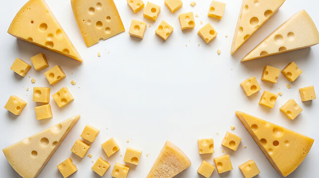 Maasdam cheese slices and cubes on white background