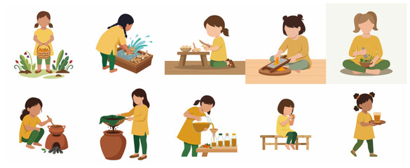 Fototapeta premium Set of illustrations showing the step-by-step process of a young girl making traditional Indonesian Jamu herbal medicine.