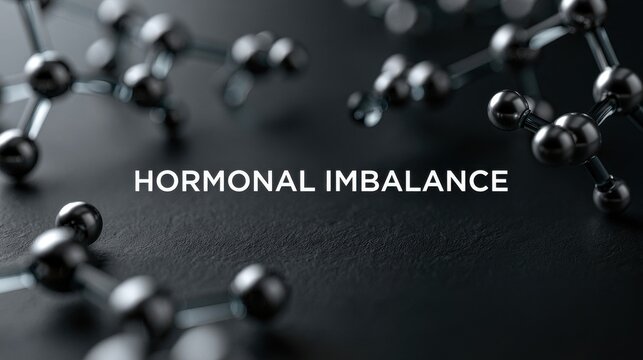 Abstract molecular structure depicting hormonal imbalance on dark background. Science concept for medical health.