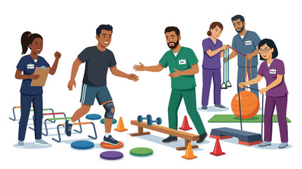 Fototapeta premium Physical Therapy Team Assisting Injured Man with Rehabilitation Exercises
