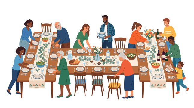 Family Gathering: Diverse people preparing for festive meal at long table