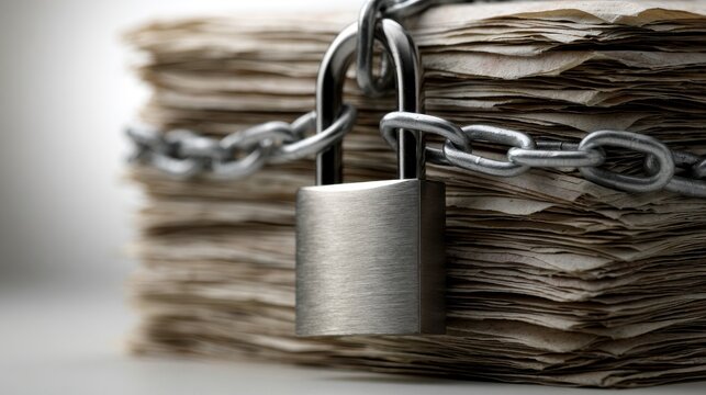 A stack of paper documents secured by a metal padlock and chain. This image represents themes of confidentiality and.