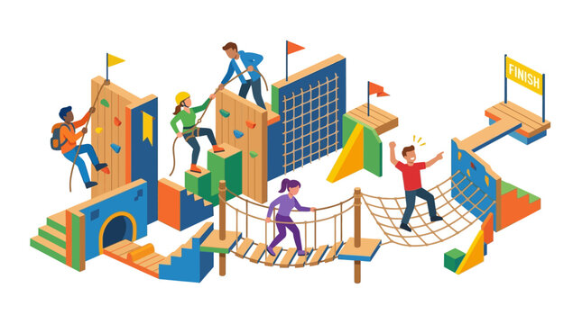 People overcoming obstacles on an adventure course, teamwork and achievement concept