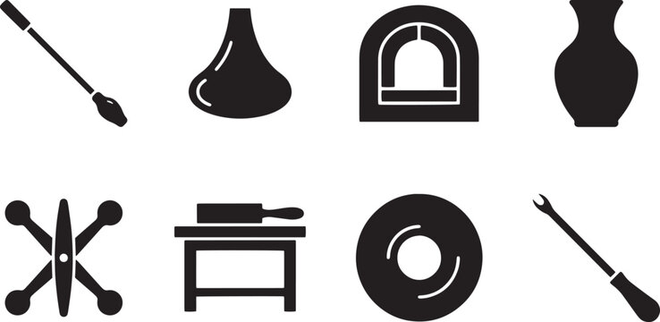 Glassblowing equipment and glass art icons set, professional glass maker tools collection, 8 black solid vector symbols for glassblowing studio isolated on Transparent Background