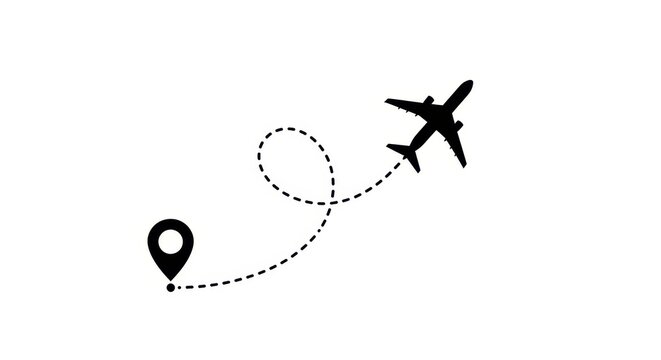 Airplane flying with a dotted flight path trail starting from a location pin, travel and tourism concept illustration