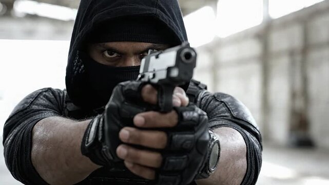 Tactical gangster in black balaclava holding a handgun and aiming directly forward