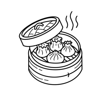 Hand drawn line art of steamed dimsum dumplings in bamboo steamer