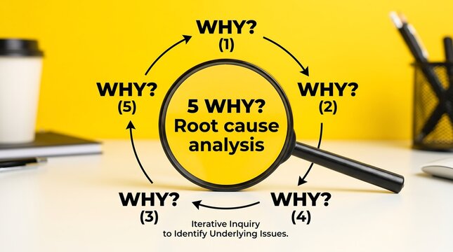 Root cause analysis 5 Why method diagram, magnifying glass on office desk, iterative inquiry process for problem solving and business management