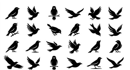 Fototapeta premium Minimal Black Bird Silhouette Vector Logo Collection Isolated on White Background