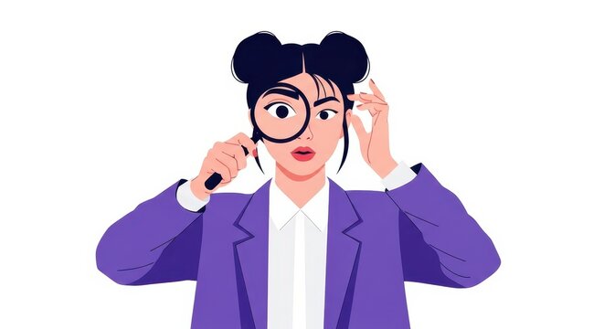Young woman looking through a magnifying glass, vector illustration