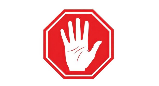 Red octagon stop sign with a white hand symbol in the center