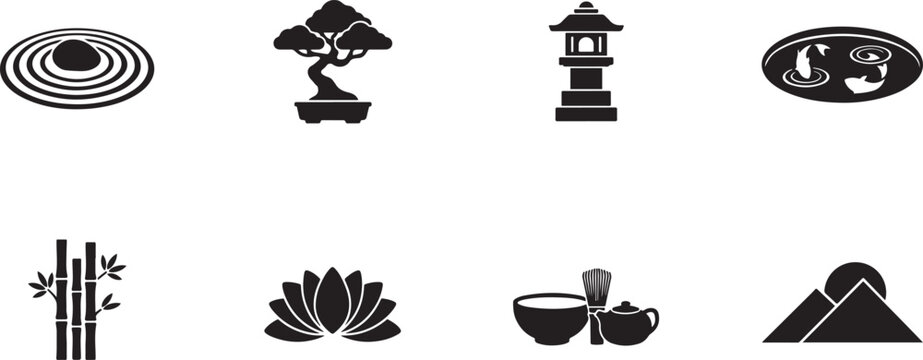 zen garden silhouette icon set. square type Bundle