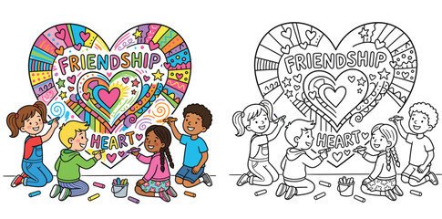 Cute kids drawing big friendship heart © MdAbdul