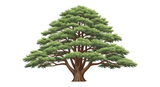 A detailed illustration of a majestic cedar tree with lush green foliage and a textured brown trunk, isolated on white background