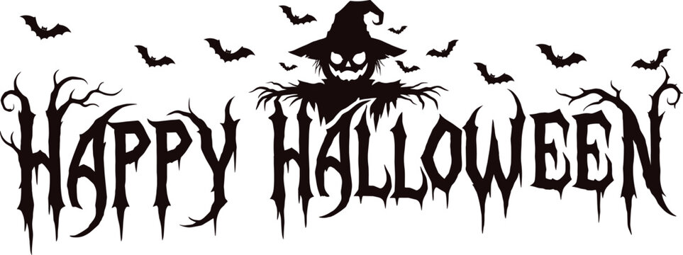 Spooky Halloween scarecrow silhouette with bats, creepy pumpkin head, witch hat, eerie festive design
