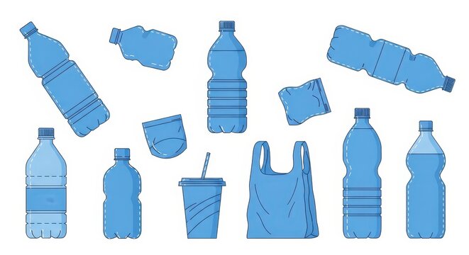 Set of plastic waste items, including bottles, a cup, and a plastic bag, vector illustration