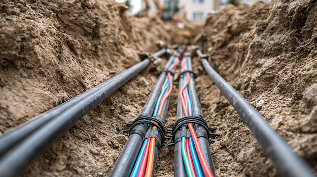 Industrial fiber optic cables installed in a deep trench. This represents telecommunications infrastructure and modern broadband connectivity.