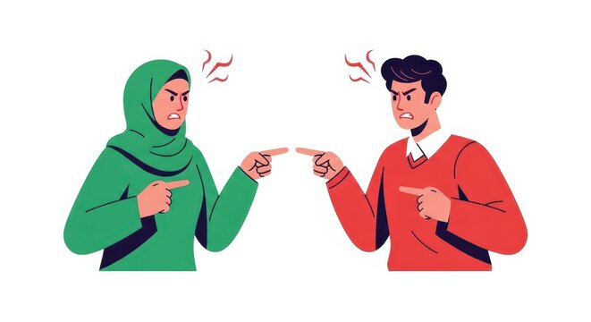 Angry man and woman pointing fingers at each other, conflict and disagreement concept