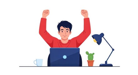 Fototapeta premium Happy man celebrating success with laptop at desk