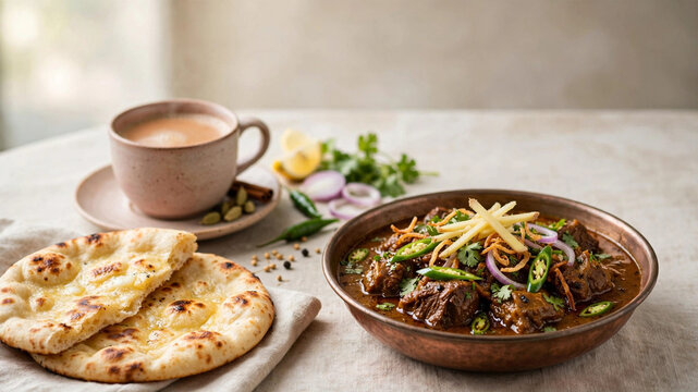 Luxurious Slow-Cooked Nihari with Butter Naan & Chai - Royal Pakistani Breakfast Feast
