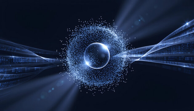 Abstract glowing blue sphere surrounded by particle cloud and light beams graphic design