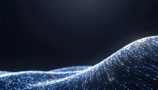 Abstract landscape of glowing blue particles flowing like a wave on a dark background digital technology