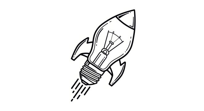 Doodle style light bulb rocket illustration, creative idea concept, innovation and startup symbol, hand drawn sketch of a lightbulb shaped as a rocket ship taking off