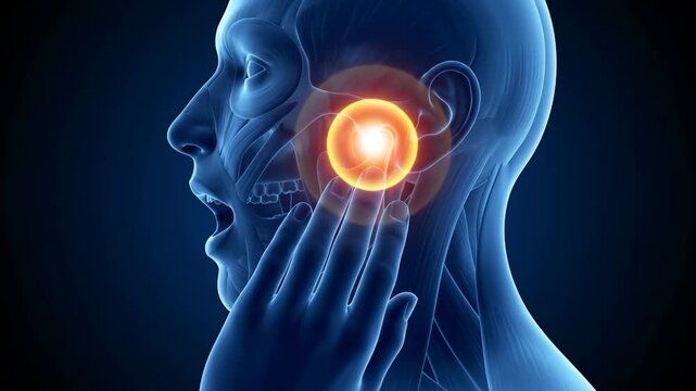 Human head profile showing pulsing jaw pain and tmj inflammation