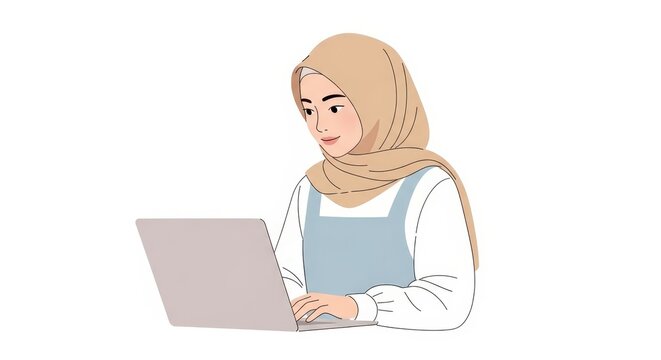 Young muslim woman wearing hijab working on a laptop computer, professional female freelancer or student using technology, flat vector illustration