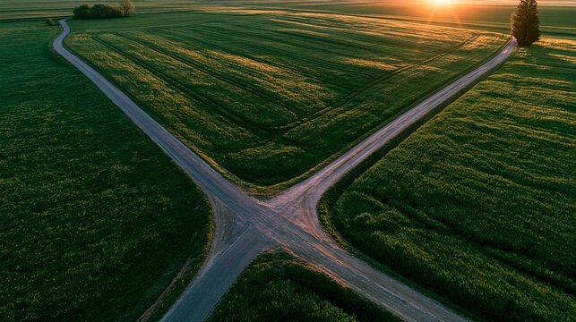 Aerial view of rural crossroads in green fields at sunset. Conceptual image for decision-making and life choices.