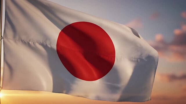 The Japanese flag waves majestically against a backdrop of a sunset sky.