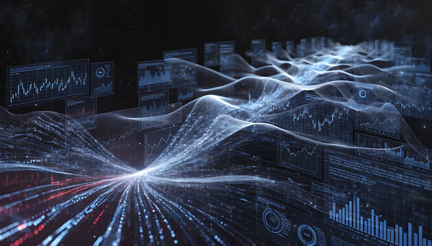 Digital data streams and financial charts in a futuristic abstract landscape technology