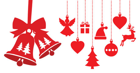 Collection of decorative christmas hanging ornaments featuring bells hearts gift boxes and reindeer shapes in bright red christmas ornament © VectorVibe Studio