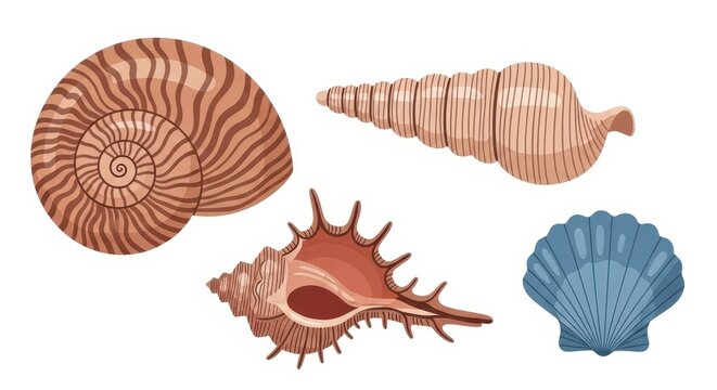 Collection of various sea shells isolated on white background
