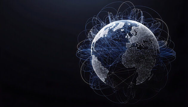 Glowing Earth Globe with Interconnected Blue Network Lines on Dark Background world planet