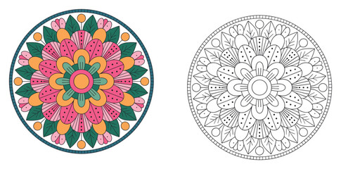 Circular floral mandala designs including colored version and black and white line art outline for coloring book activity with coloring, ornament © VectorVibe Studio