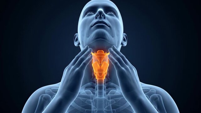 Male anatomical model with glowing sore throat inflammation