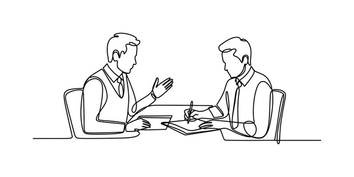 continuous line art Two businessmen sitting at a desk having a professional meeting