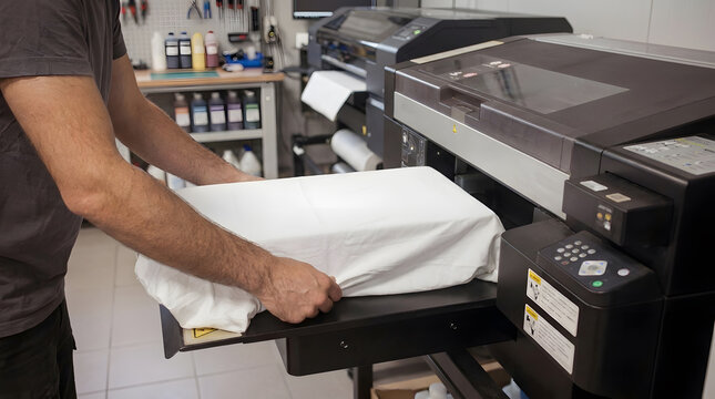 Operator Placing White T Shirt inside DTG Printing Machine | Direct to Garment Printing Process on Fabric in Workshop | Worker Preparing Textile for Digital Custom Apparel Print 