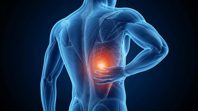 Human male body animation showing lower back muscle pain