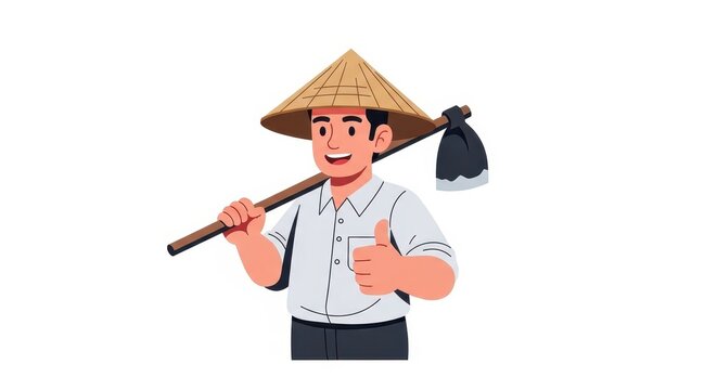 Farmer wearing a conical hat carrying a hoe and giving a thumbs up